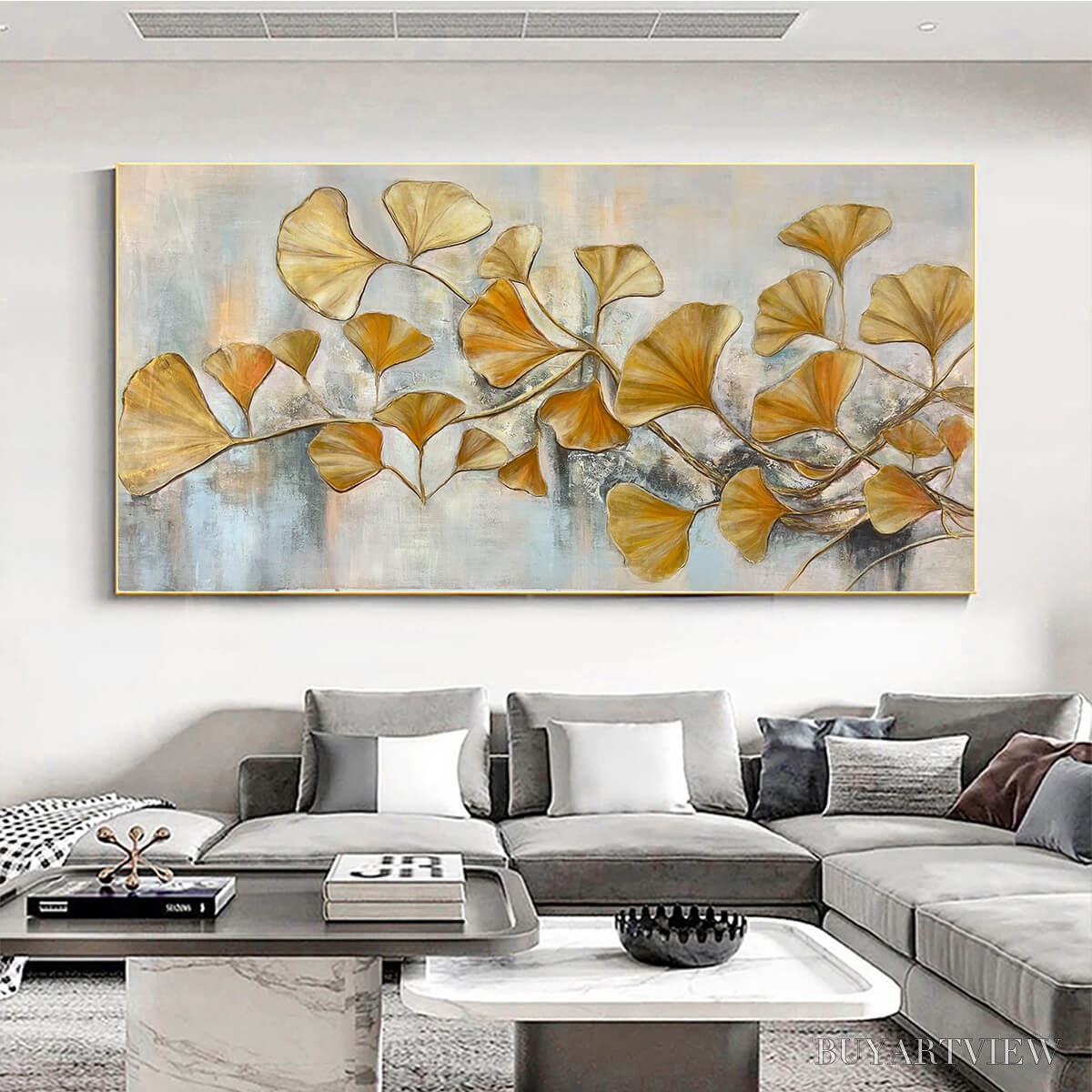 ARTOVITAS Golden Ginkgo – Textured Gold Leaf Oil Painting on Canvas - image 2
