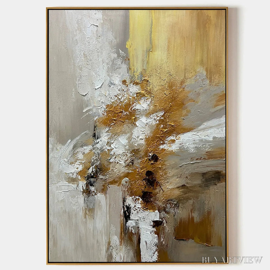 ARTOVITAS Golden Whispers – Textured Abstract Painting in Beige, White, and Gold - image 1