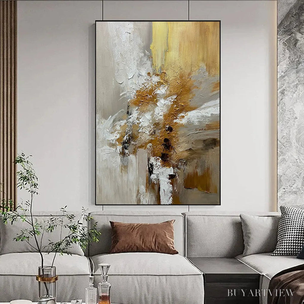 ARTOVITAS Golden Whispers – Textured Abstract Painting in Beige, White, and Gold - image 2