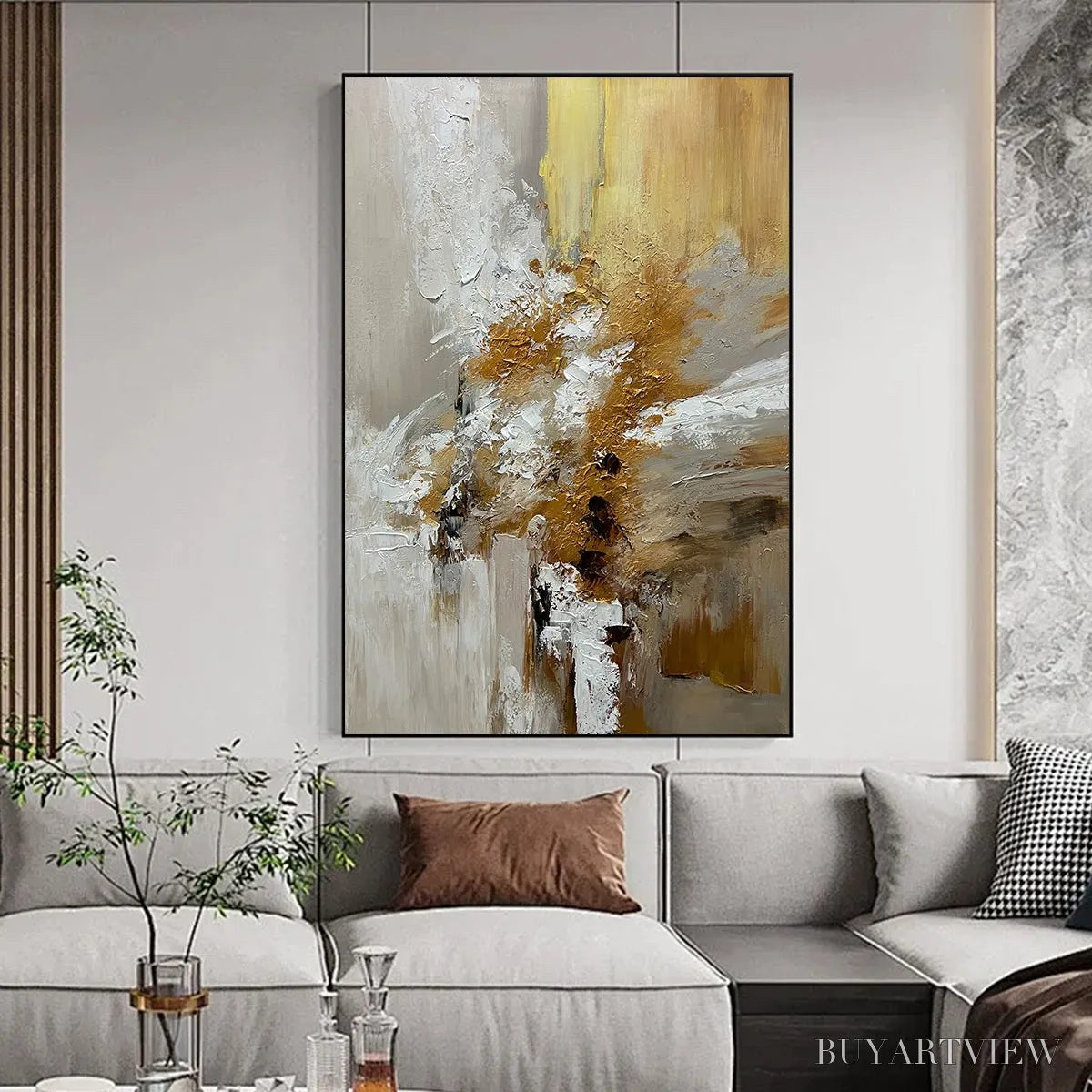 ARTOVITAS Golden Whispers – Textured Abstract Painting in Beige, White, and Gold - image 2