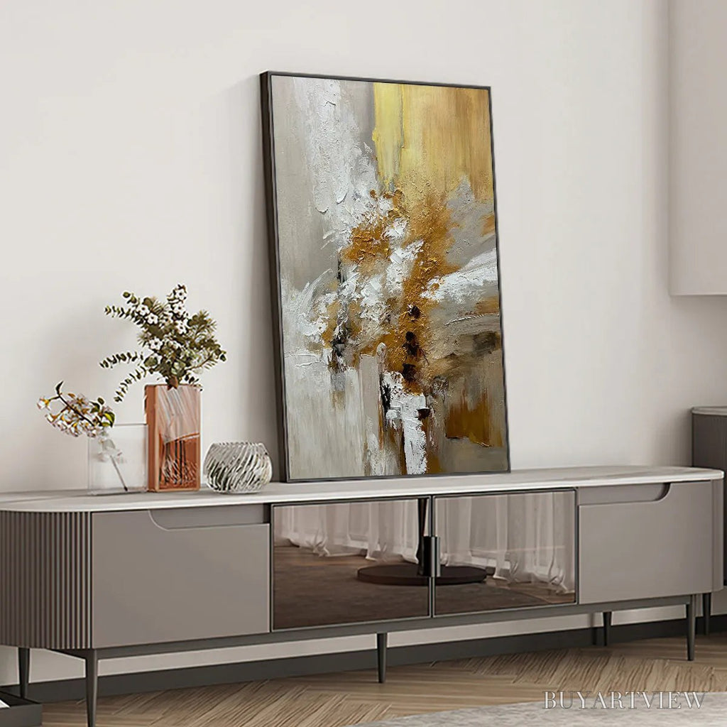 ARTOVITAS Golden Whispers – Textured Abstract Painting in Beige, White, and Gold - image 6