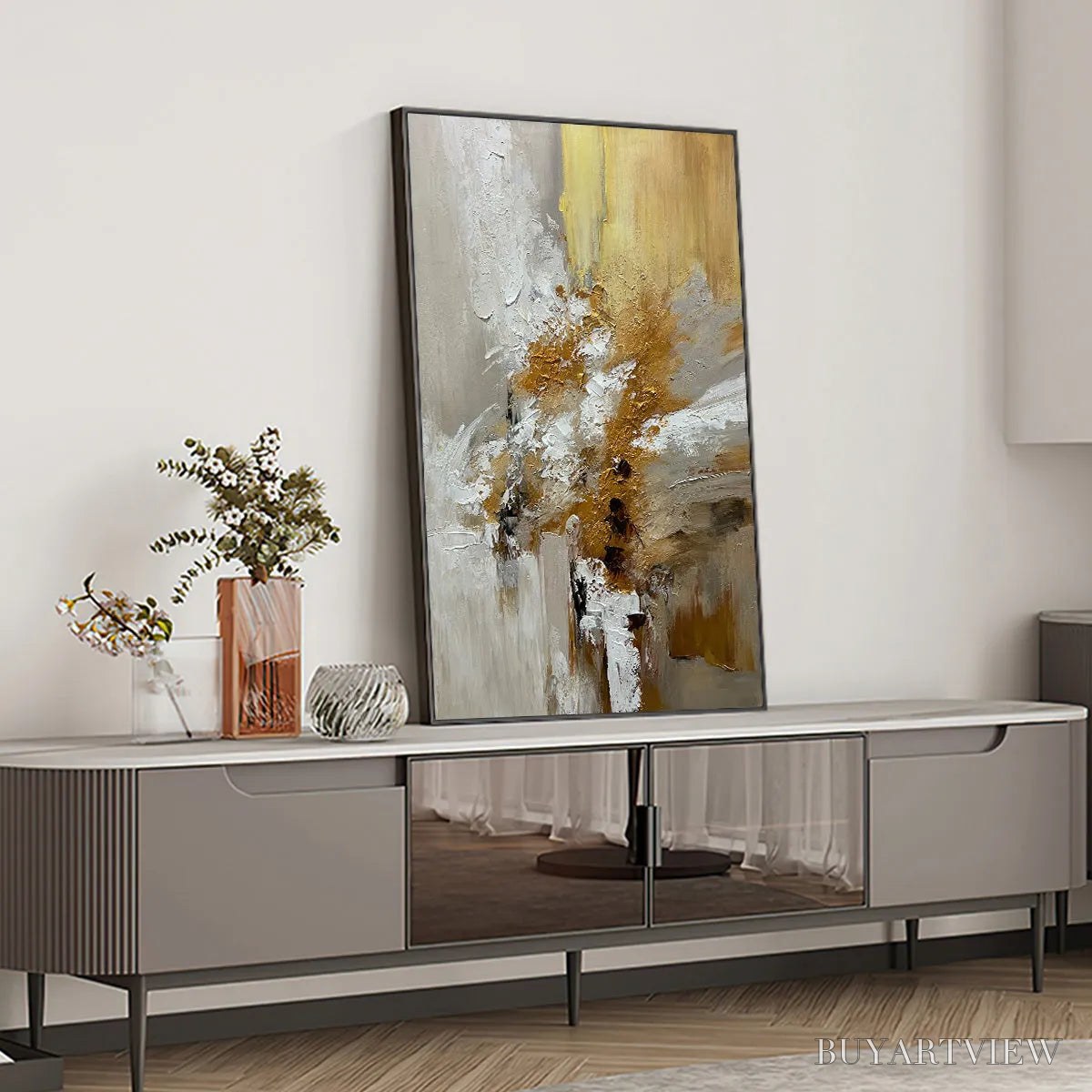 ARTOVITAS Golden Whispers – Textured Abstract Painting in Beige, White, and Gold - image 6