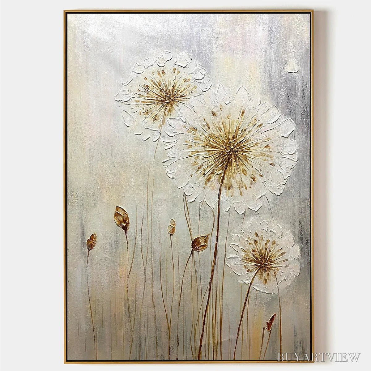 ARTOVITAS Whispers of Gold – Textured Dandelion Painting on Vertical Canvas - image 1