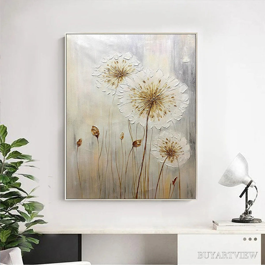ARTOVITAS Whispers of Gold – Textured Dandelion Painting on Vertical Canvas - image 2