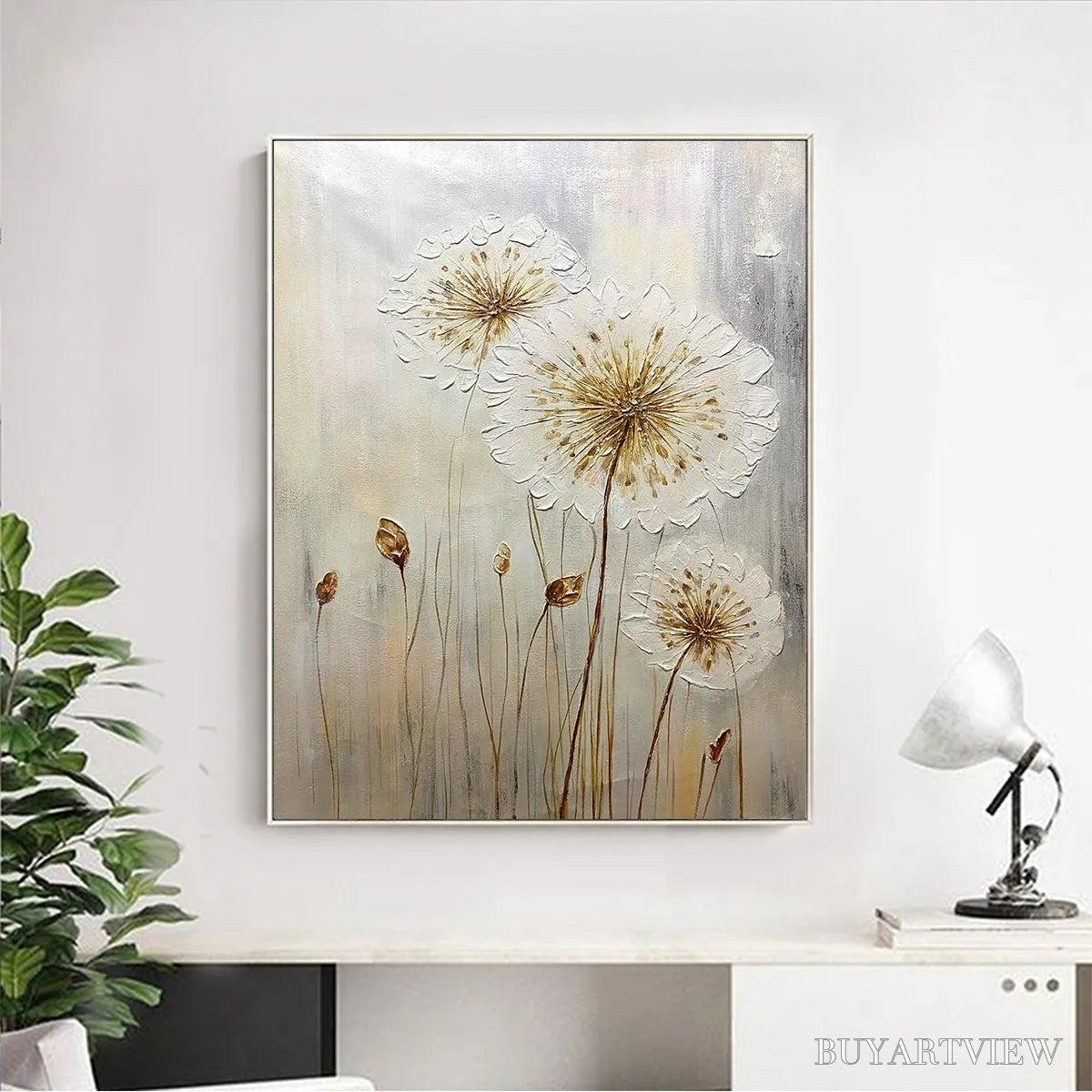 ARTOVITAS Whispers of Gold – Textured Dandelion Painting on Vertical Canvas - image 2
