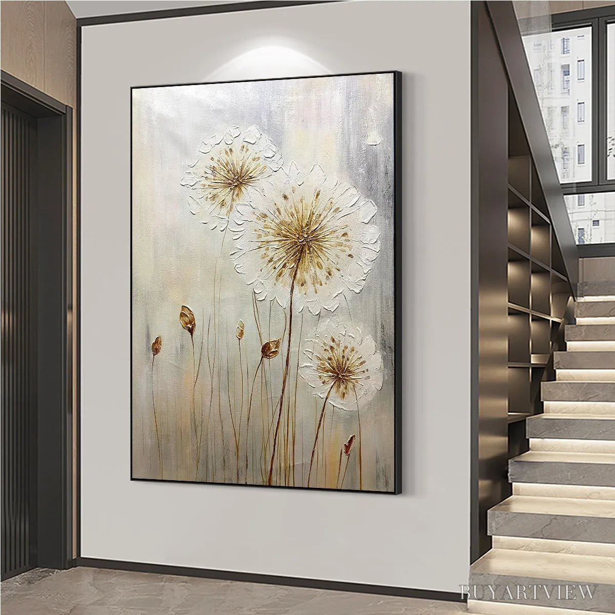ARTOVITAS Whispers of Gold – Textured Dandelion Painting on Vertical Canvas - image 5