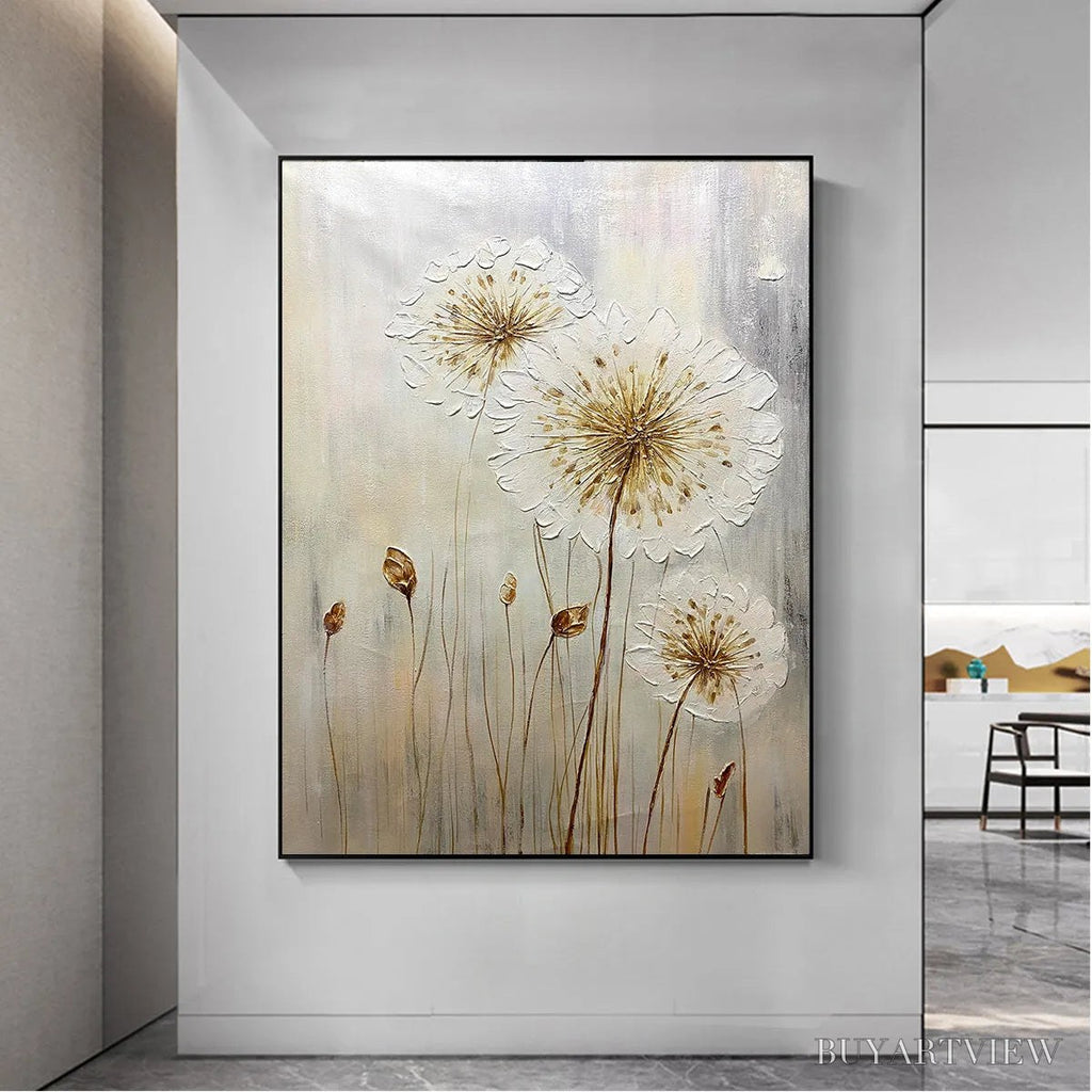 ARTOVITAS Whispers of Gold – Textured Dandelion Painting on Vertical Canvas - image 6