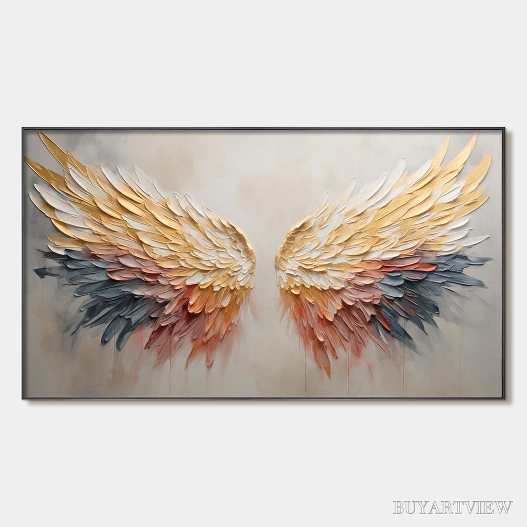 ARTOVITAS Golden Wings – Panoramic Angel Wings Painting, Textured , Gold, Beige, Living Room, Bedroom - image 1