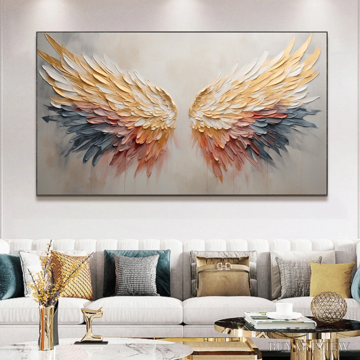 ARTOVITAS Golden Wings – Panoramic Angel Wings Painting, Textured , Gold, Beige, Living Room, Bedroom - image 2