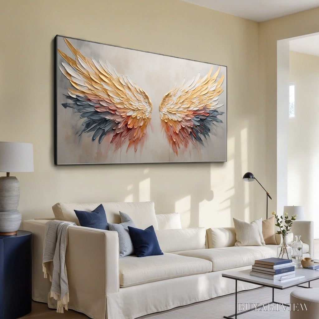 ARTOVITAS Golden Wings – Panoramic Angel Wings Painting, Textured , Gold, Beige, Living Room, Bedroom - image 4