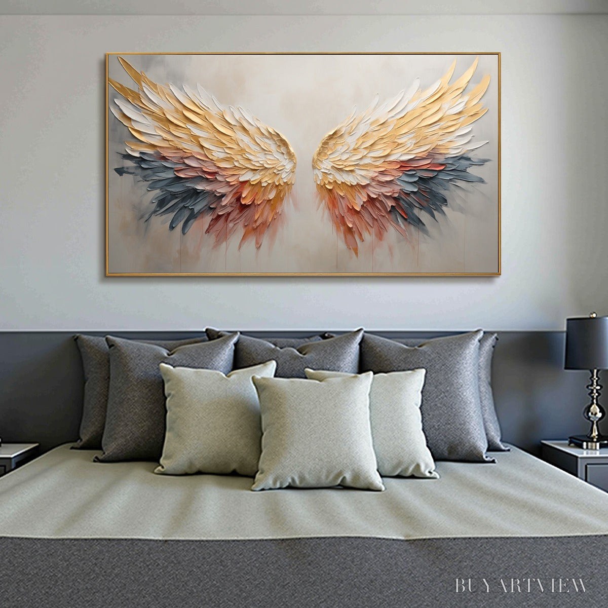 ARTOVITAS Golden Wings – Panoramic Angel Wings Painting, Textured , Gold, Beige, Living Room, Bedroom - image 6