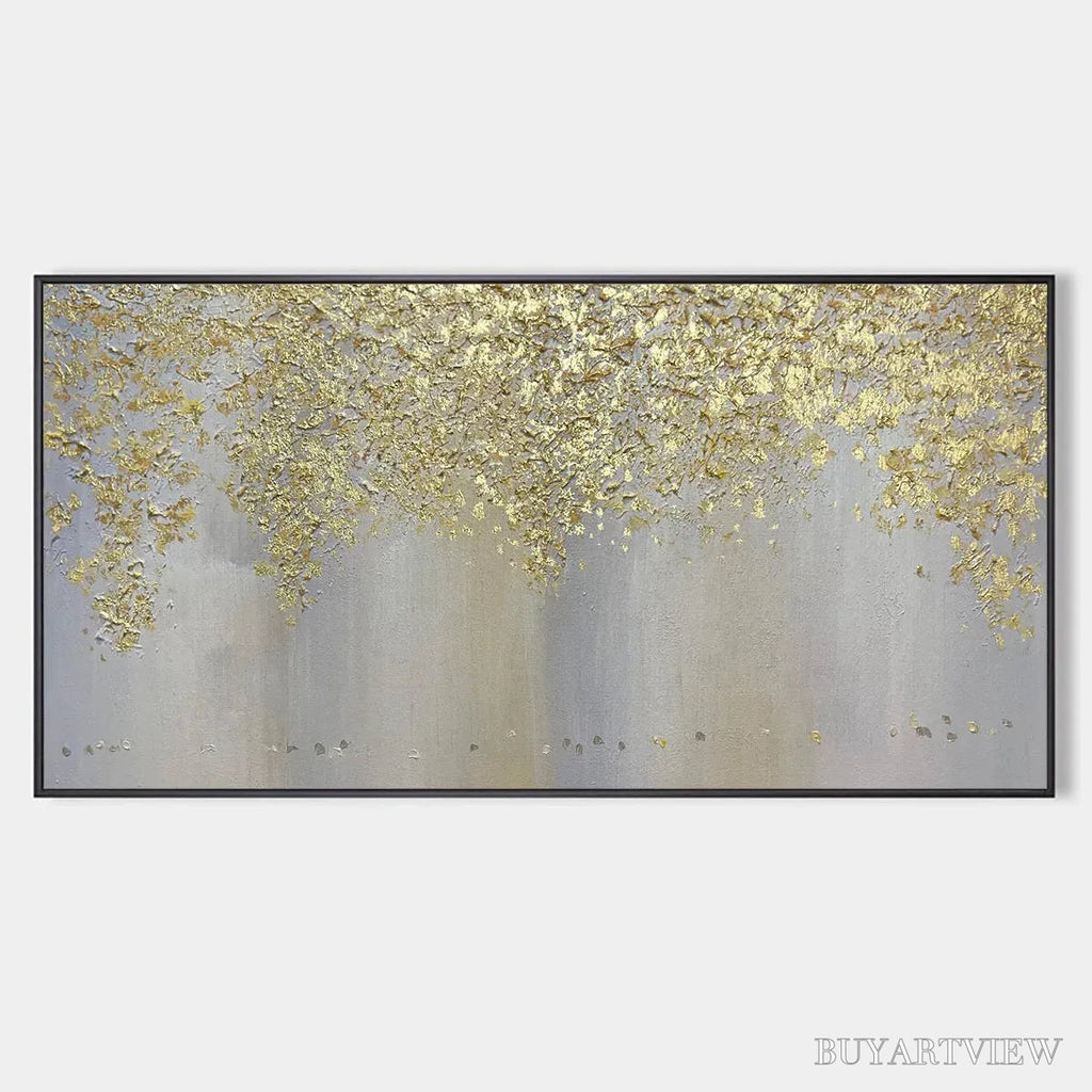 ARTOVITAS Golden Drizzle – Gold Leaf Abstract Painting, Grey and Gold , Horizontal Canvas, Modern Decor - image 1