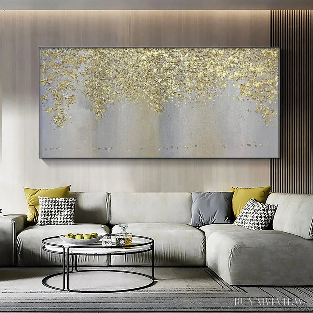 ARTOVITAS Golden Drizzle – Gold Leaf Abstract Painting, Grey and Gold , Horizontal Canvas, Modern Decor - image 2