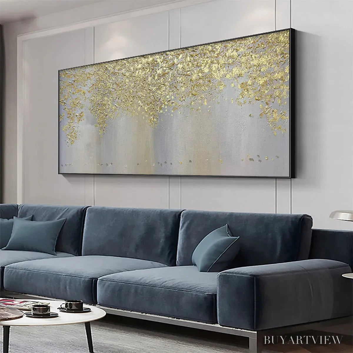ARTOVITAS Golden Drizzle – Gold Leaf Abstract Painting, Grey and Gold , Horizontal Canvas, Modern Decor - image 4