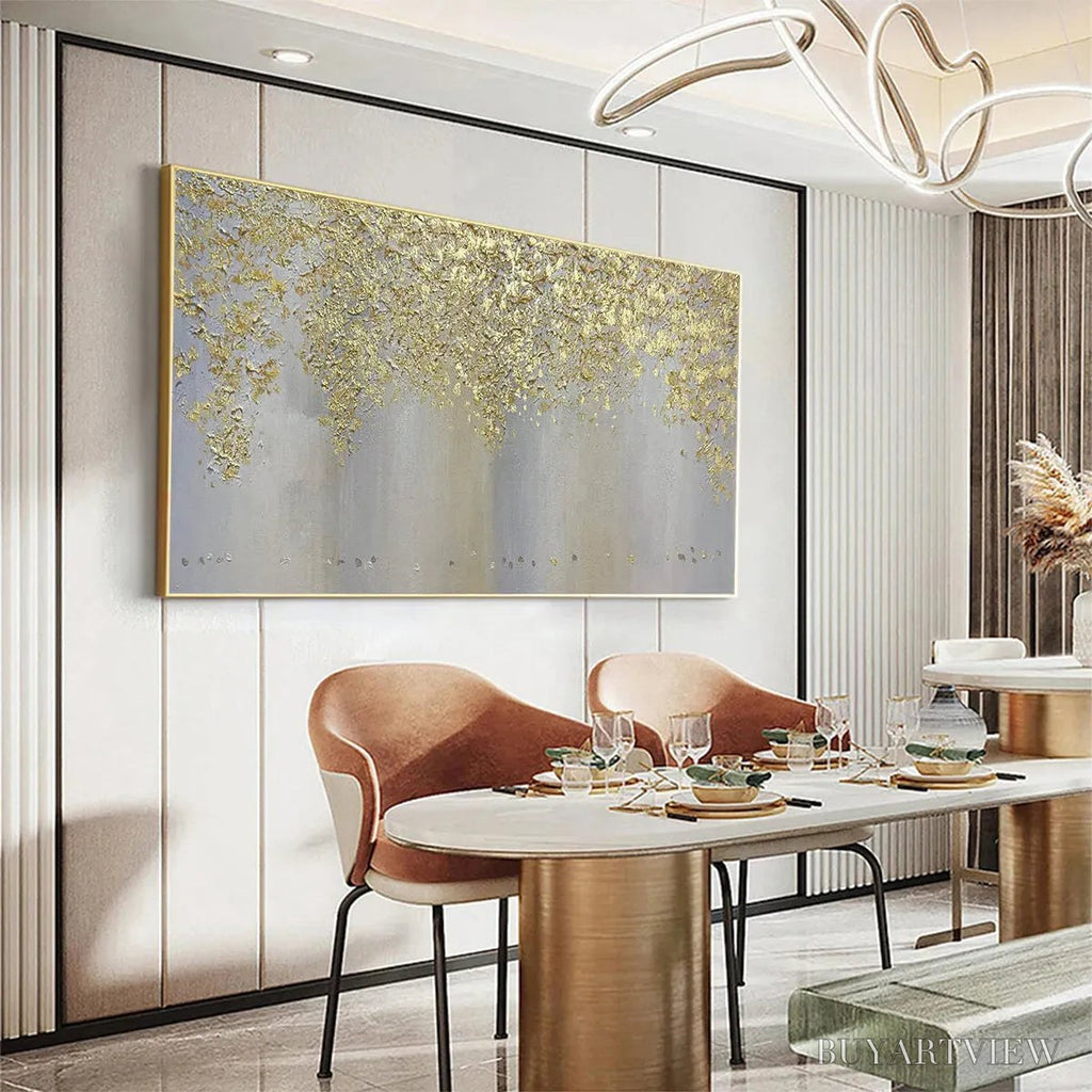ARTOVITAS Golden Drizzle – Gold Leaf Abstract Painting, Grey and Gold , Horizontal Canvas, Modern Decor - image 6