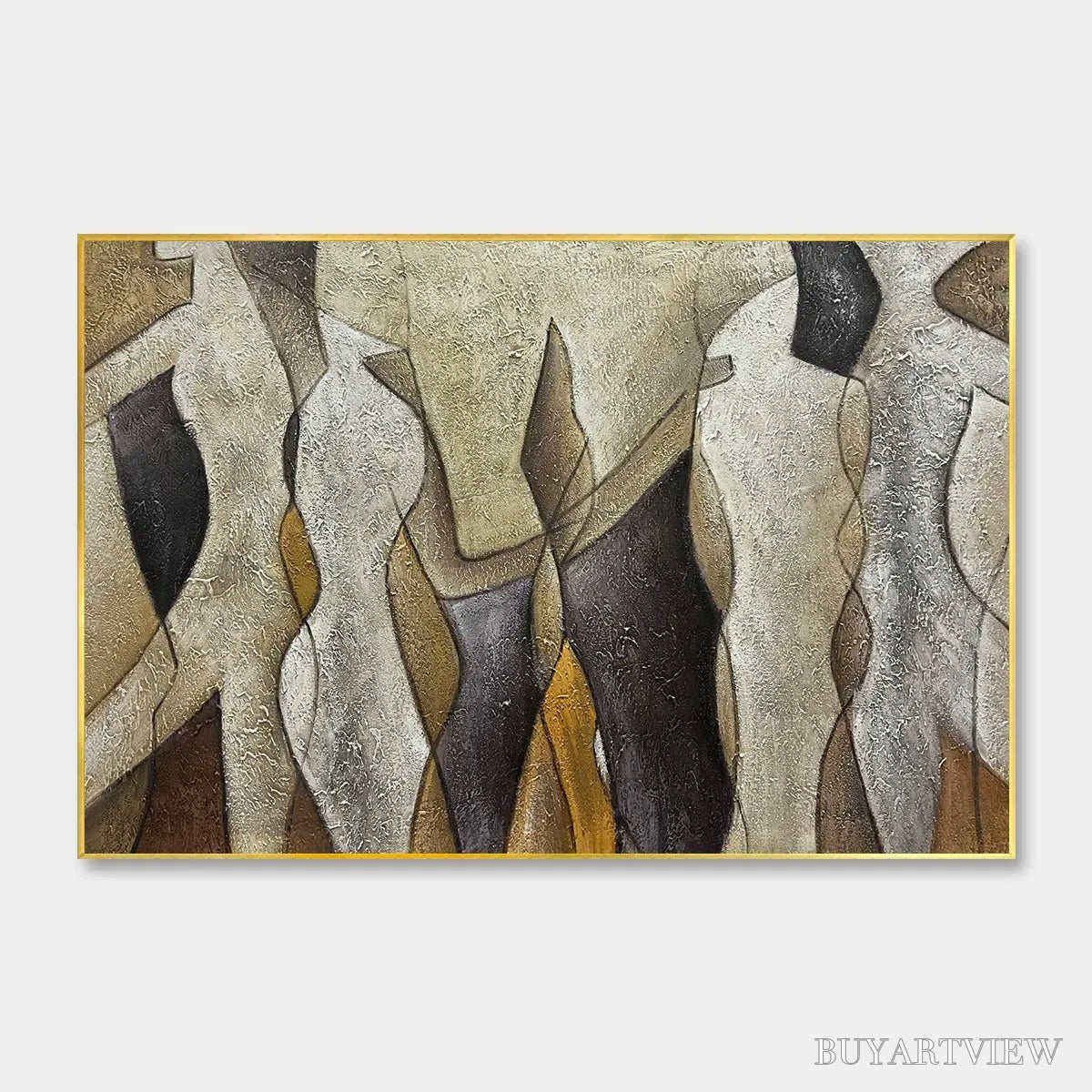 ARTOVITAS Abstract Figures – Textured Abstract Figures Painting, Beige and Brown , Horizontal Canvas, Modern Decor - image 1