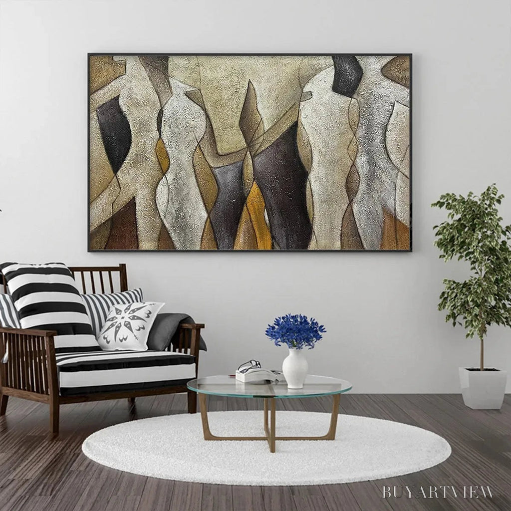 ARTOVITAS Abstract Figures – Textured Abstract Figures Painting, Beige and Brown , Horizontal Canvas, Modern Decor - image 2