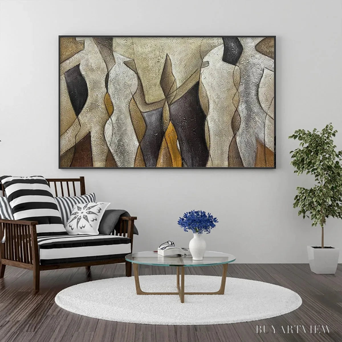 ARTOVITAS Abstract Figures – Textured Abstract Figures Painting, Beige and Brown , Horizontal Canvas, Modern Decor - image 2