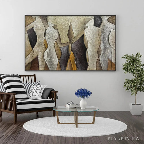 ARTOVITAS Abstract Figures – Textured Abstract Figures Painting, Beige and Brown , Horizontal Canvas, Modern Decor - image 2