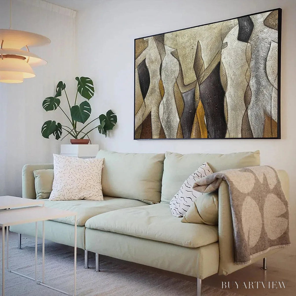 ARTOVITAS Abstract Figures – Textured Abstract Figures Painting, Beige and Brown , Horizontal Canvas, Modern Decor - image 4