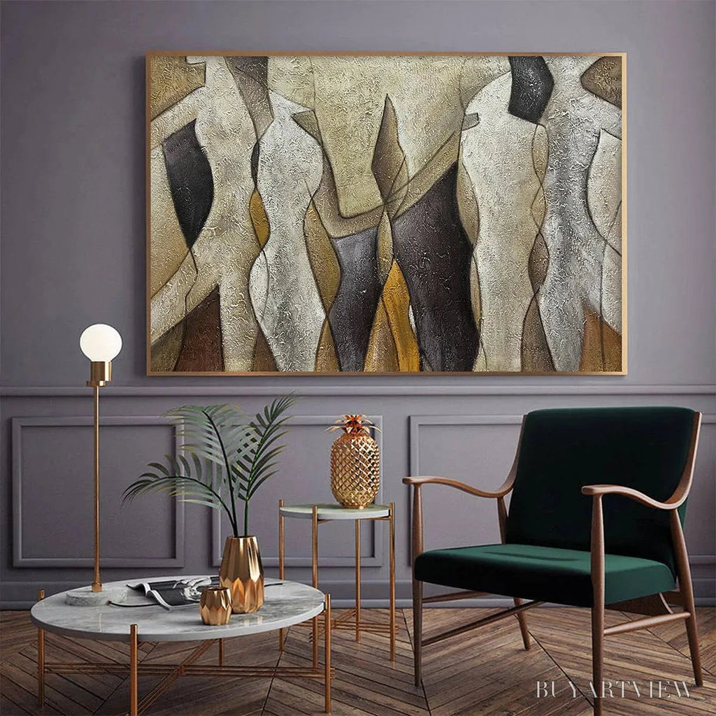 ARTOVITAS Abstract Figures – Textured Abstract Figures Painting, Beige and Brown , Horizontal Canvas, Modern Decor - image 6
