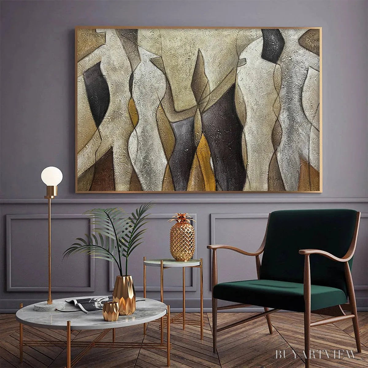 ARTOVITAS Abstract Figures – Textured Abstract Figures Painting, Beige and Brown , Horizontal Canvas, Modern Decor - image 6