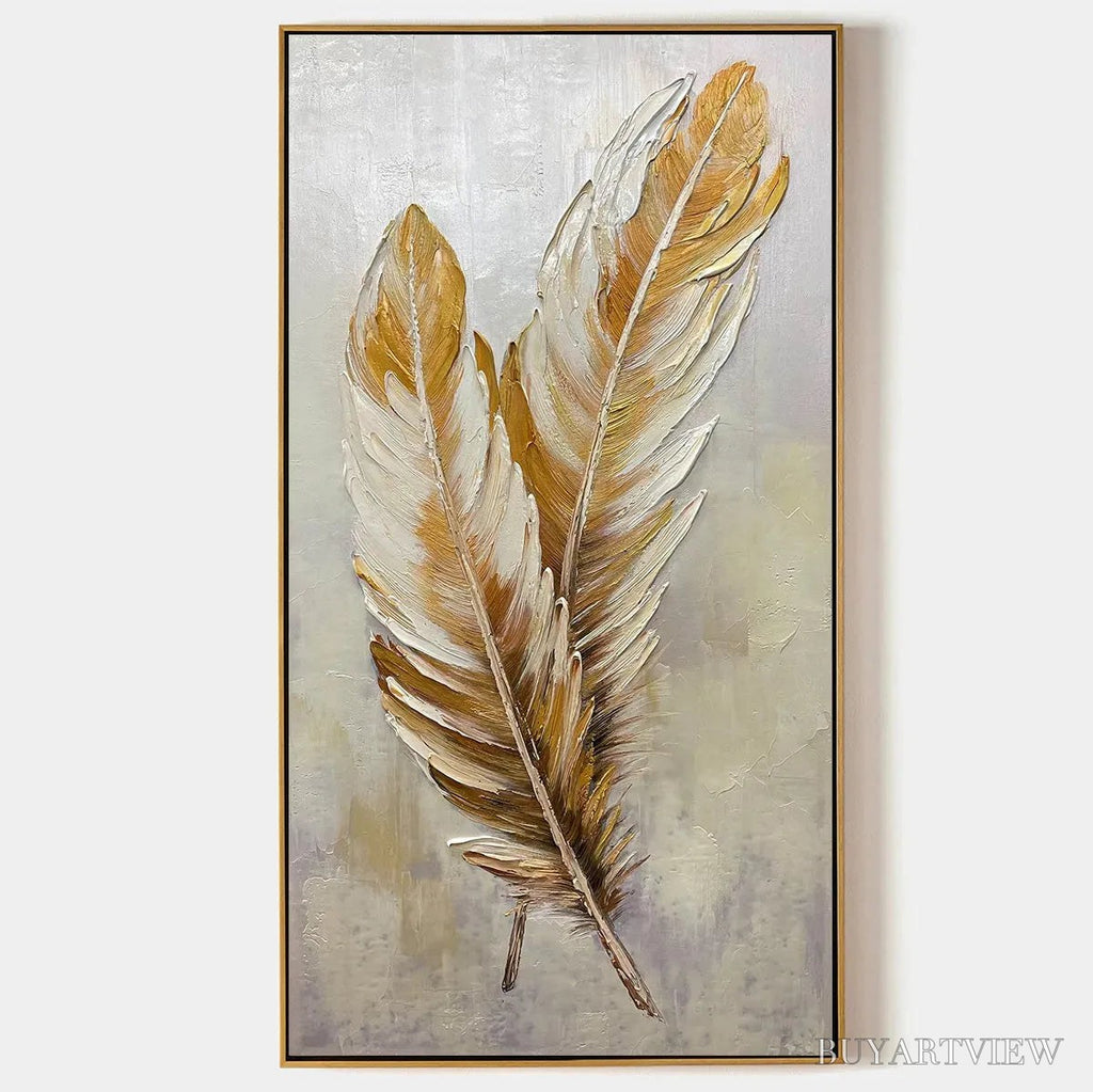 ARTOVITAS Golden Grace – Vertical Painting of Golden Feathers, Textured Impasto, Modern - image 1