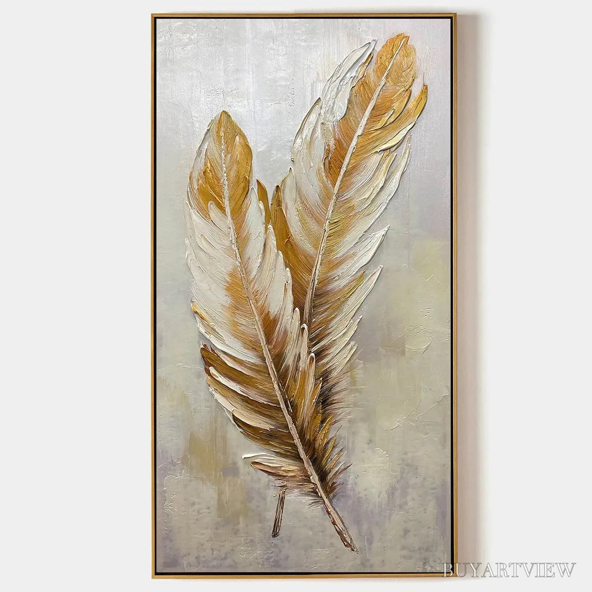 ARTOVITAS Golden Grace – Vertical Painting of Golden Feathers, Textured Impasto, Modern - image 1
