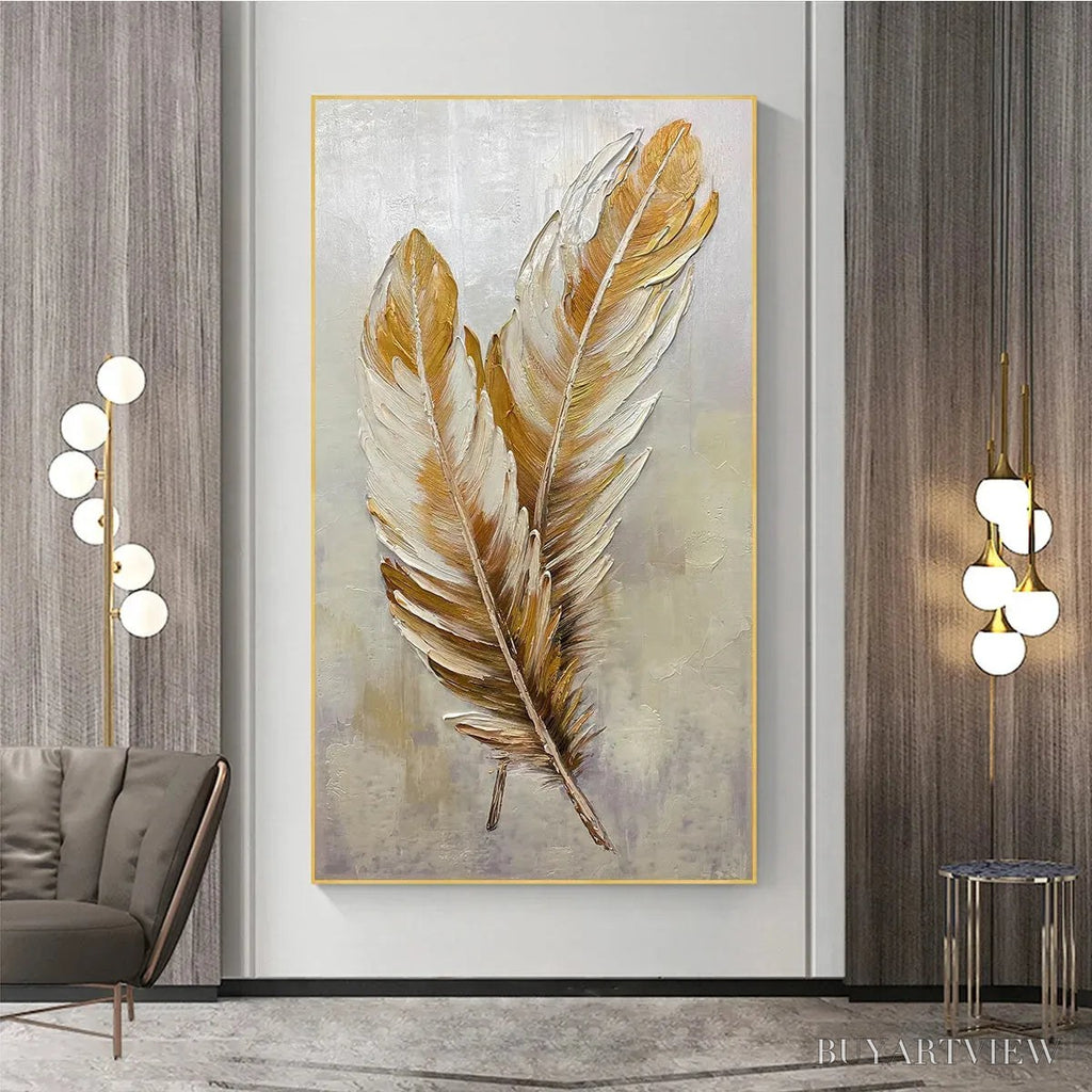 ARTOVITAS Golden Grace – Vertical Painting of Golden Feathers, Textured Impasto, Modern - image 2