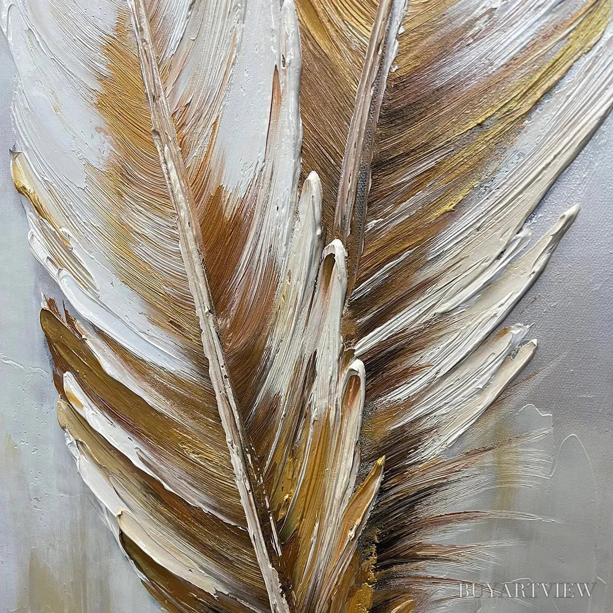 ARTOVITAS Golden Grace – Vertical Painting of Golden Feathers, Textured Impasto, Modern - image 3
