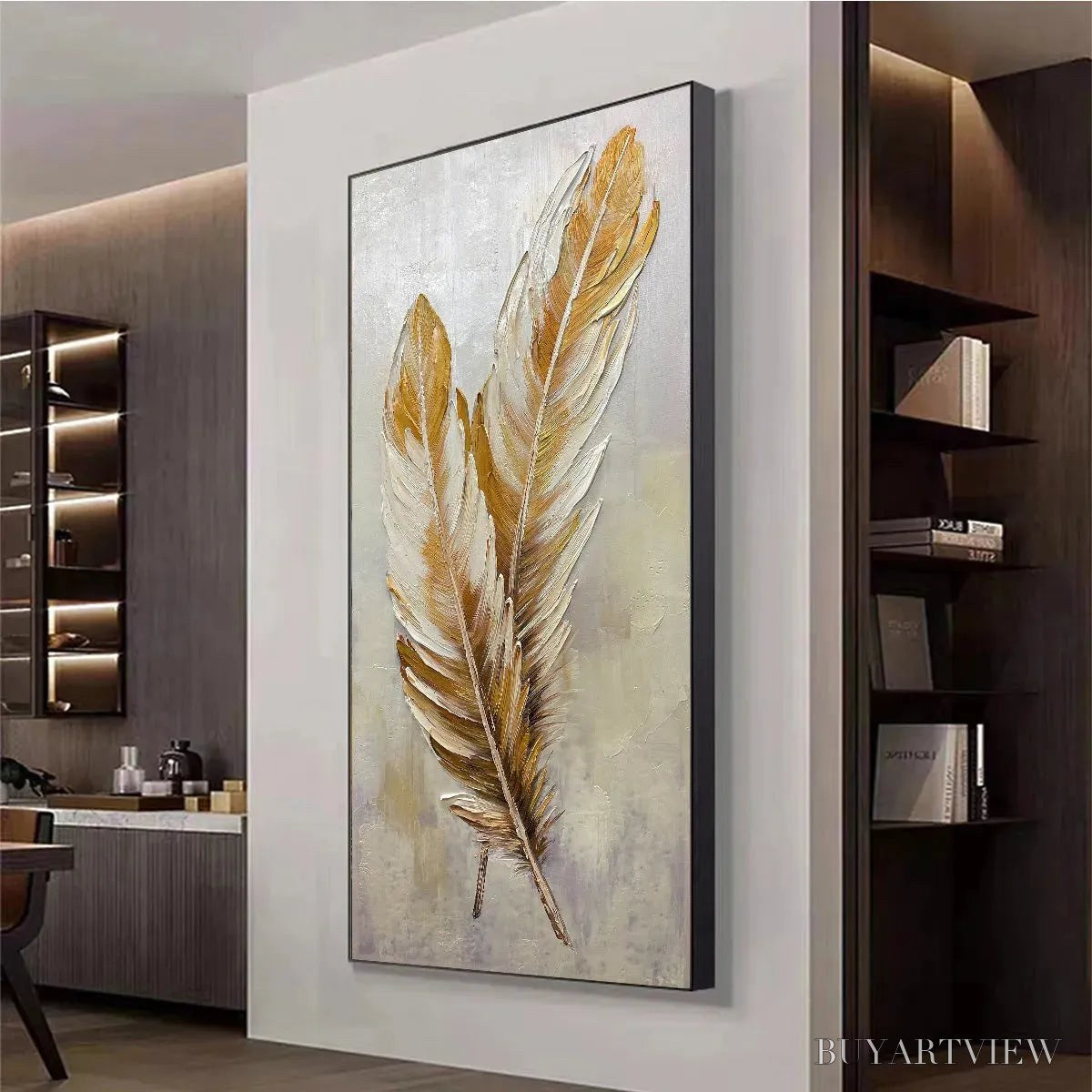 ARTOVITAS Golden Grace – Vertical Painting of Golden Feathers, Textured Impasto, Modern - image 4