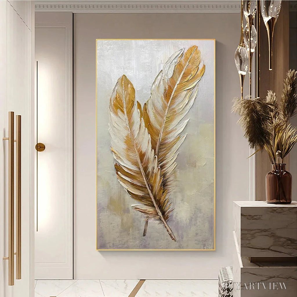 ARTOVITAS Golden Grace – Vertical Painting of Golden Feathers, Textured Impasto, Modern - image 5
