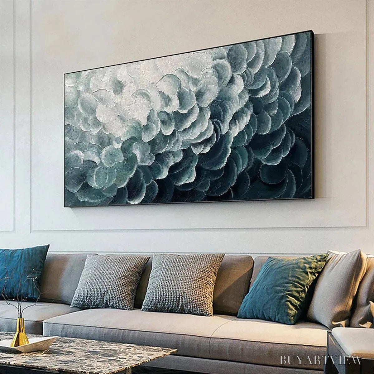 ARTOVITAS Mediterranean Breeze – Abstract Teal White Impasto Oil Painting - image 6