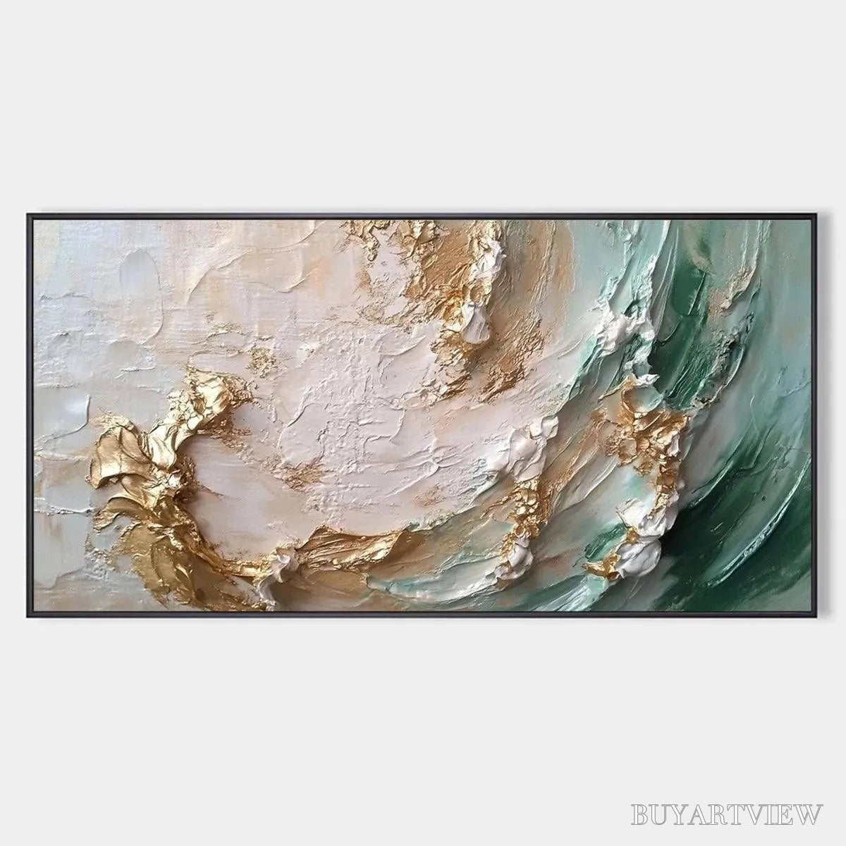 ARTOVITAS Jade Aurora – Green and Gold Abstract Impasto Oil Painting - image 1