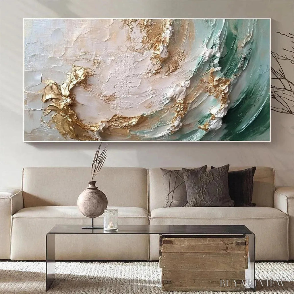 ARTOVITAS Jade Aurora – Green and Gold Abstract Impasto Oil Painting - image 2