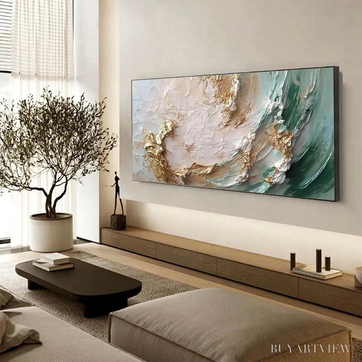 ARTOVITAS Jade Aurora – Green and Gold Abstract Impasto Oil Painting - image 4