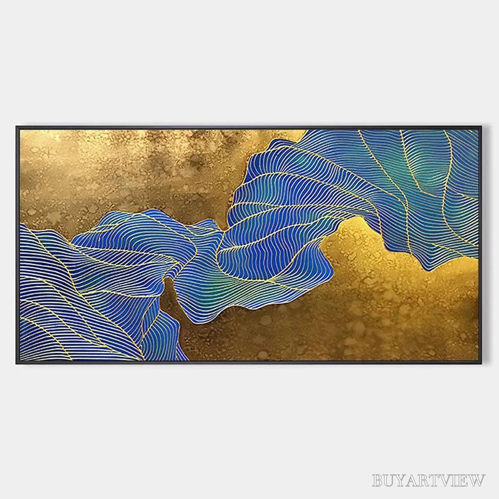 ARTOVITAS Golden Flow – Abstract Blue and Gold Oil Painting - image 1