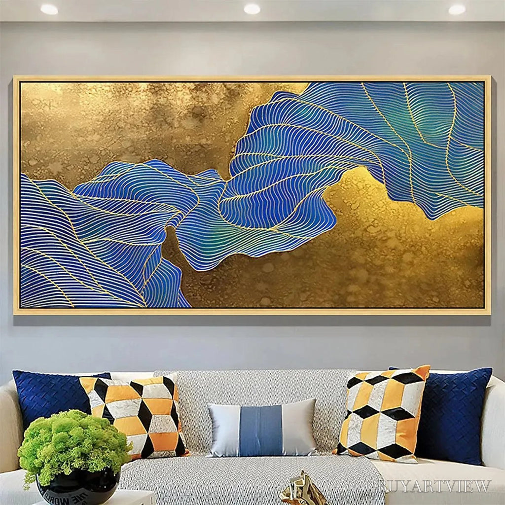 ARTOVITAS Golden Flow – Abstract Blue and Gold Oil Painting - image 2