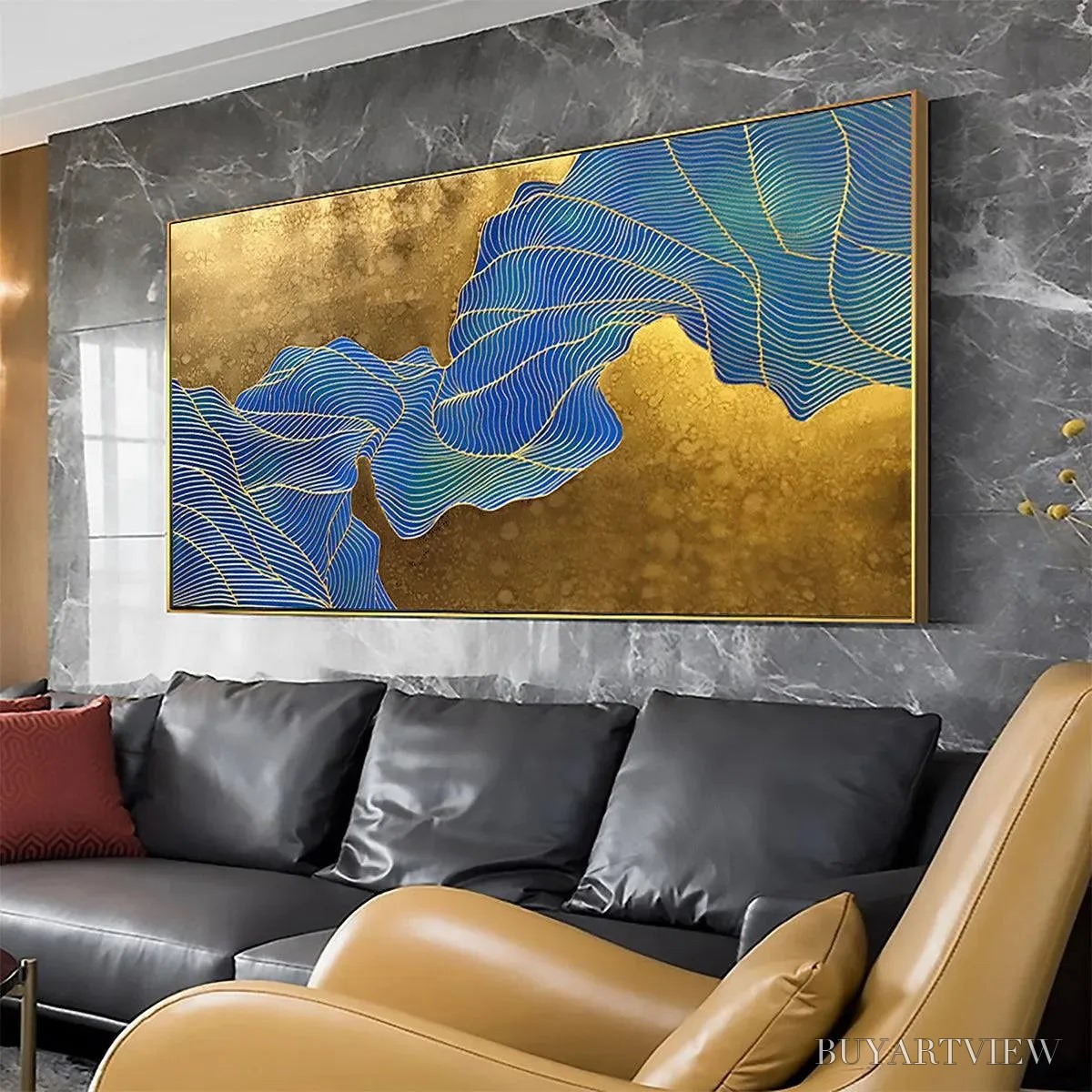 ARTOVITAS Golden Flow – Abstract Blue and Gold Oil Painting - image 6
