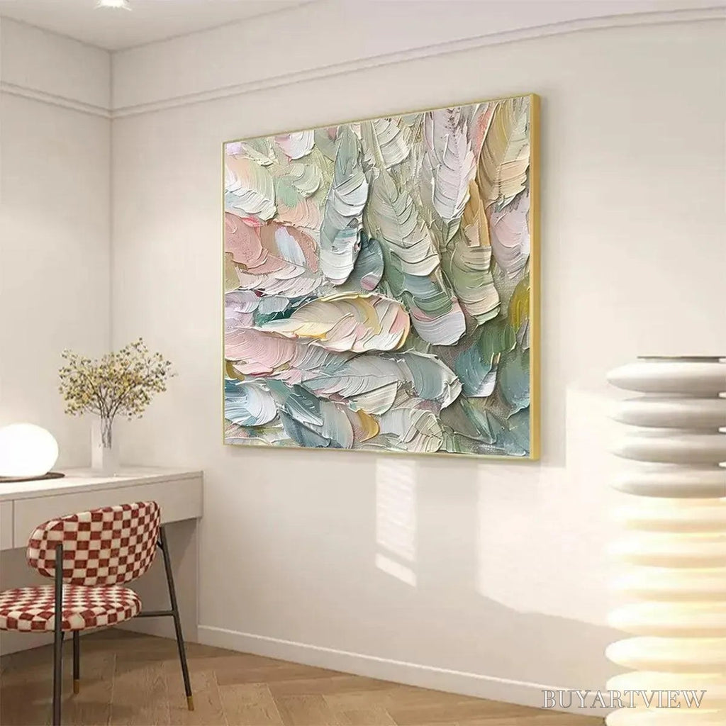 ARTOVITAS Pastel Feathers – Textured Abstract Painting, Impasto , Square Canvas, Dreamy Decor - image 6