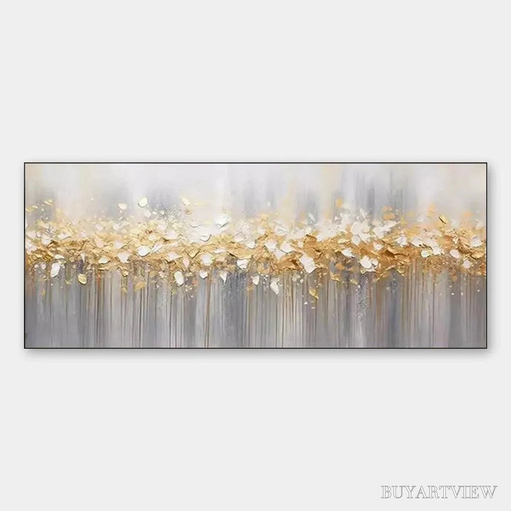 ARTOVITAS Golden Drizzle – Textured Abstract Painting, Gold and Grey , Panoramic Canvas, Modern Decor - image 1