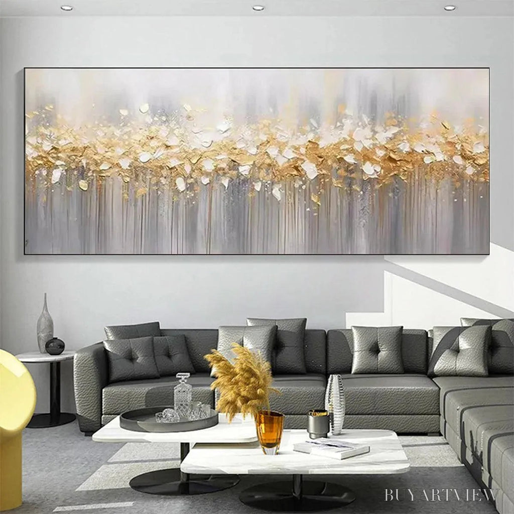 ARTOVITAS Golden Drizzle – Textured Abstract Painting, Gold and Grey , Panoramic Canvas, Modern Decor - image 3