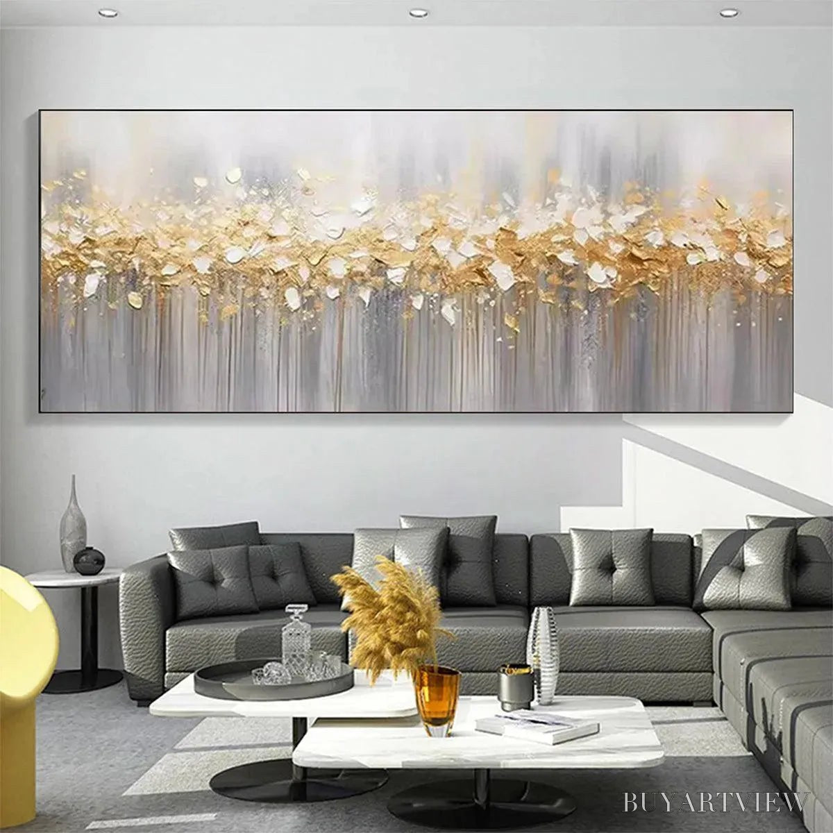 ARTOVITAS Golden Drizzle – Textured Abstract Painting, Gold and Grey , Panoramic Canvas, Modern Decor - image 3