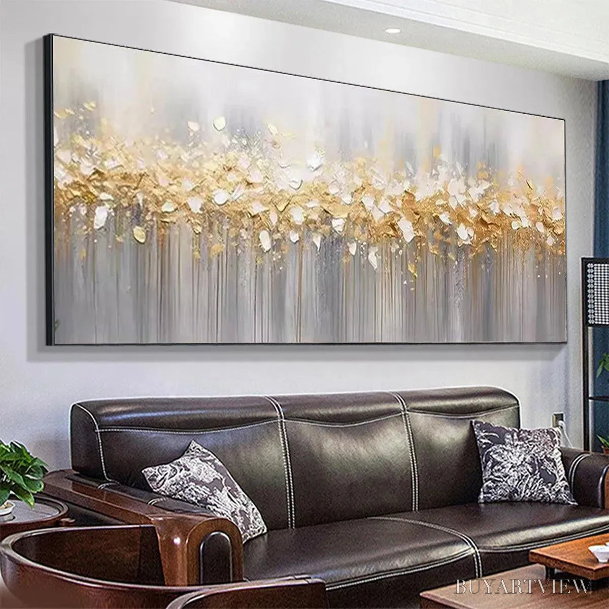 ARTOVITAS Golden Drizzle – Textured Abstract Painting, Gold and Grey , Panoramic Canvas, Modern Decor - image 4