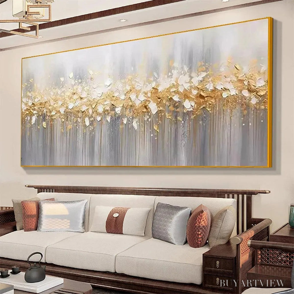 ARTOVITAS Golden Drizzle – Textured Abstract Painting, Gold and Grey , Panoramic Canvas, Modern Decor - image 5