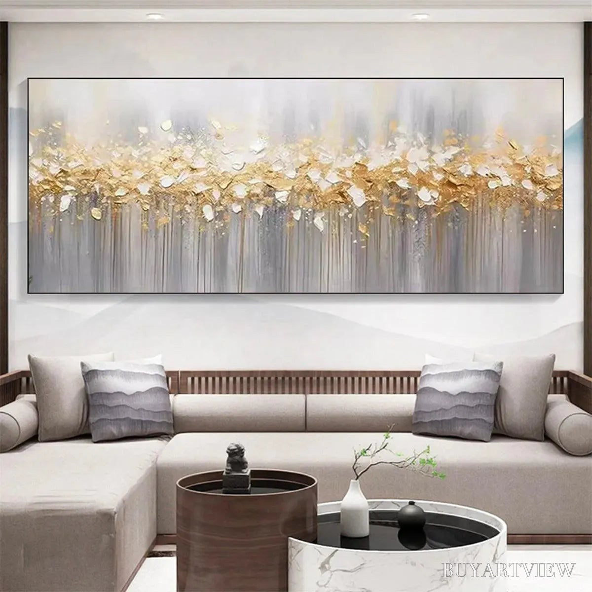 ARTOVITAS Golden Drizzle – Textured Abstract Painting, Gold and Grey , Panoramic Canvas, Modern Decor - image 6