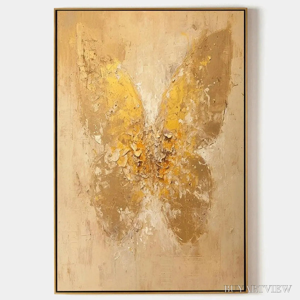ARTOVITAS Golden Wings – Gold Butterfly Painting, Textured , Vertical Canvas, Beige and Gold Decor - image 1