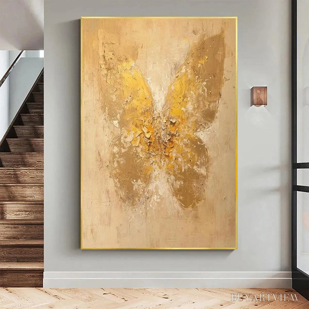 ARTOVITAS Golden Wings – Gold Butterfly Painting, Textured , Vertical Canvas, Beige and Gold Decor - image 2