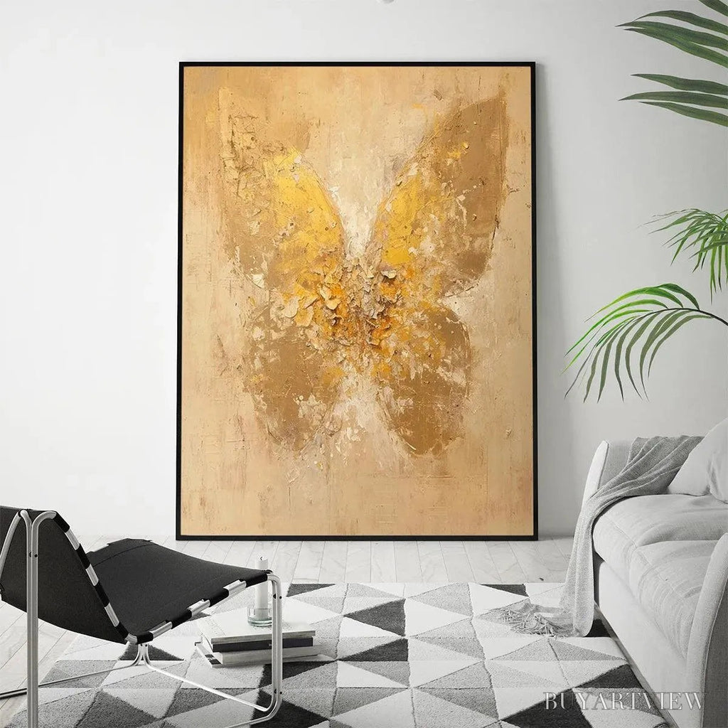 ARTOVITAS Golden Wings – Gold Butterfly Painting, Textured , Vertical Canvas, Beige and Gold Decor - image 4
