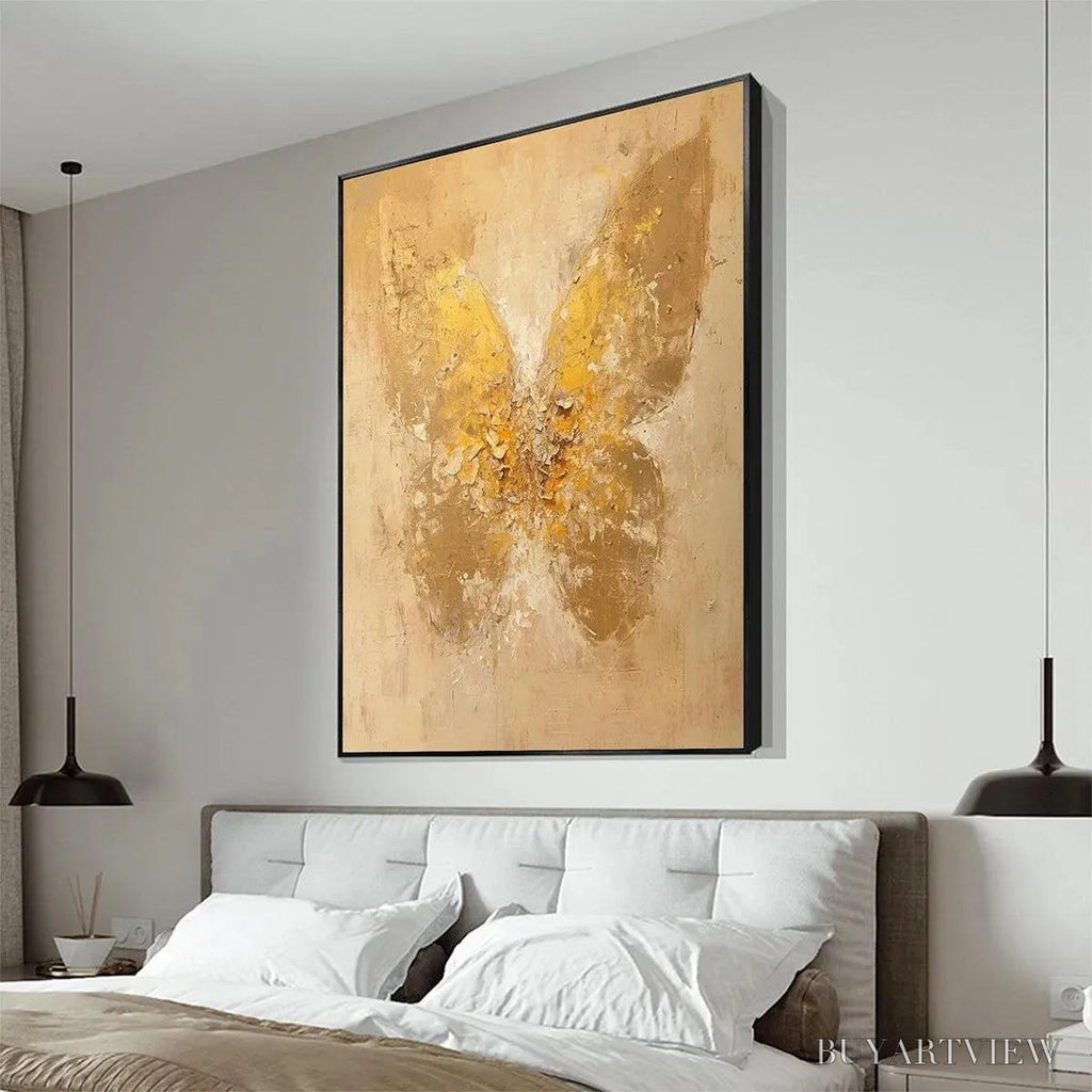 ARTOVITAS Golden Wings – Gold Butterfly Painting, Textured , Vertical Canvas, Beige and Gold Decor - image 6